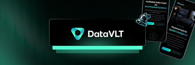 The image features a sleek promotional banner with the "DataVLT" logo and brand name centered on a dark background with green accents. Two mobile app mockups are shown on the right side, displaying "Verifiable Data Layer for AI & Physical Systems" and "Physical Hub for Spatial Intelligence," highlighting DataVLT's focus on structured real-world data infrastructure.
