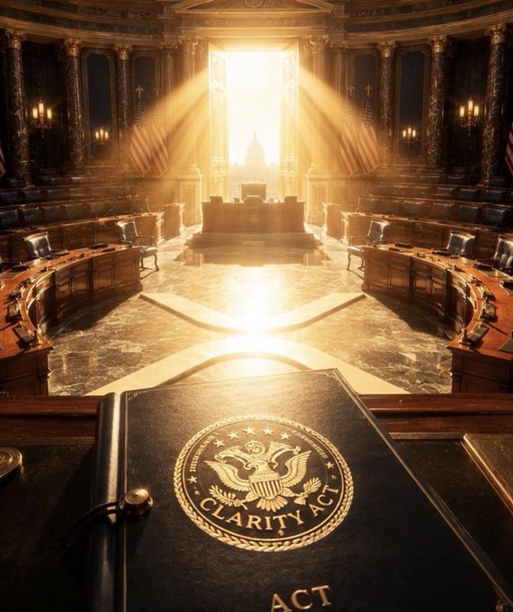 An ornate legislative chamber bathed in golden light streaming through the doorway, with a book labeled 'CLARITY ACT' featuring a presidential seal emblem in the foreground.