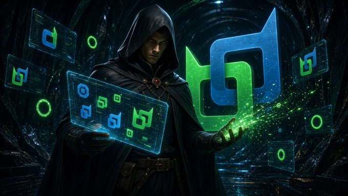 A hooded figure manipulates glowing green and blue holographic interfaces featuring stylized 'b' logos in a dark, mystical setting.