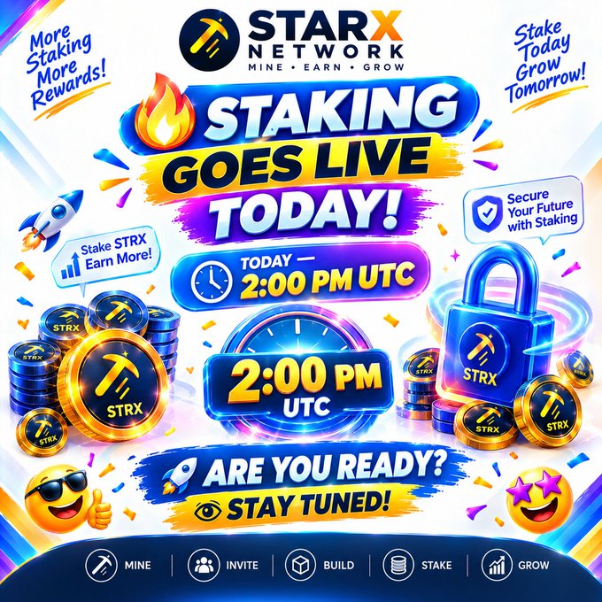 A vibrant promotional graphic for STARX Network announcing "STAKING GOES LIVE TODAY!" at 2:00 PM UTC, featuring STRX coin imagery, a security padlock, and call-to-action text like "Stake STRX Earn More!" and "Are You Ready? Stay Tuned!" The design visually reinforces the post's announcement of the staking launch and invites users to participate in choosing their staking duration.