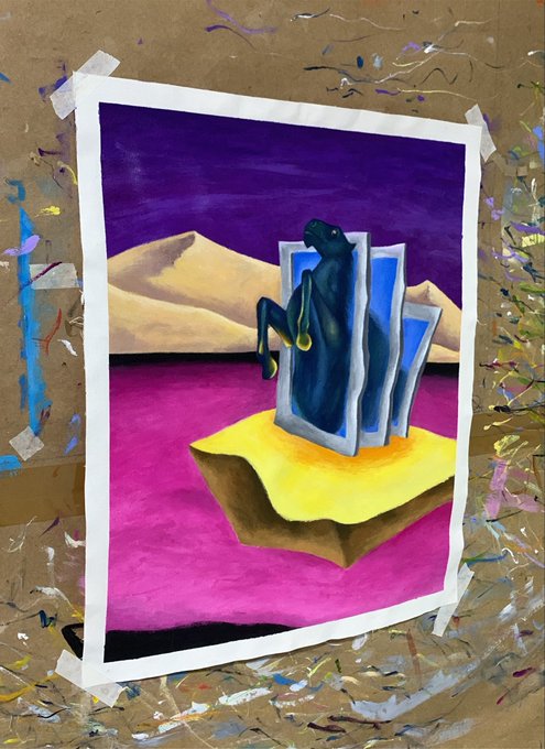 A surreal painting features a black panther-like figure playing a saxophone, framed within floating mirrored panels atop a yellow pedestal against a vibrant purple sky and magenta desert landscape. The artwork is taped to a paint-splattered studio surface, fitting the post's announcement of an art collection titled "Where We Belonging" dropping on Manifold, with the dreamlike, bold imagery reflecting the collection's expressive theme of finding one's place.