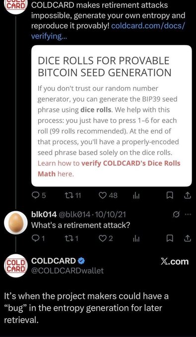 The image shows a tweet from COLDCARD (@COLDCARDwallet) explaining how their device generates entropy using dice rolls to prevent "retirement attacks," followed by a user question and Coldcard's reply defining a retirement attack as when project makers could embed a bug in entropy generation for later retrieval. The accompanying post sarcastically suggests Coldcard's emphasis on "retirement attacks" reveals the company was planning a long-term inside job, framing their transparency about entropy vulnerabilities as evidence of premeditation.