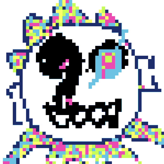 A pixel-art style skull illustration rendered in bright colors with cyan, pink, yellow, and dark blue blocks.