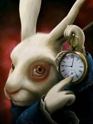 An artistic illustration of a white rabbit holding a vintage gold pocket watch, reminiscent of Alice in Wonderland imagery.