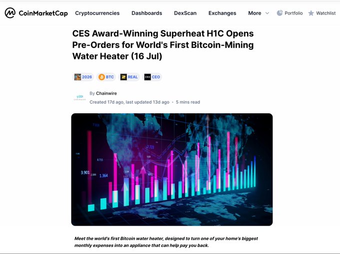 A CoinMarketCap article titled 'CES Award-Winning Superheat H1C Opens Pre-Orders for World's First Bitcoin-Mining Water Heater (16 Jul)' by Chainwire, tagged with BTC, NEAR, and CEO.