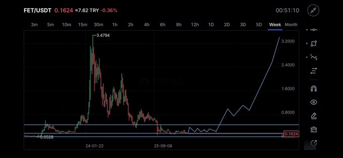 A weekly candlestick chart for FET/USDT on HTX is displayed, currently priced at $0.1624 (+7.62), with a white line drawn by the user projecting a dramatic rally from this low toward $3.20, visually supporting the post's bullish prediction for Fetch.ai's AI token.