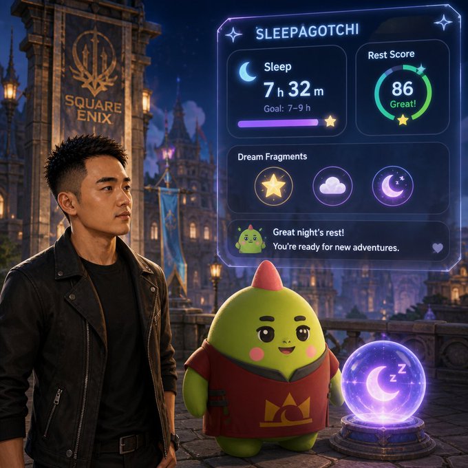 A young man in a black leather jacket stands next to a green cartoon creature in front of a Square Enix castle backdrop, with a "SLEEPAGOTCHI" interface showing sleep stats (7h 32m), a Rest Score of 86 ("Great!"), and dream fragments.
