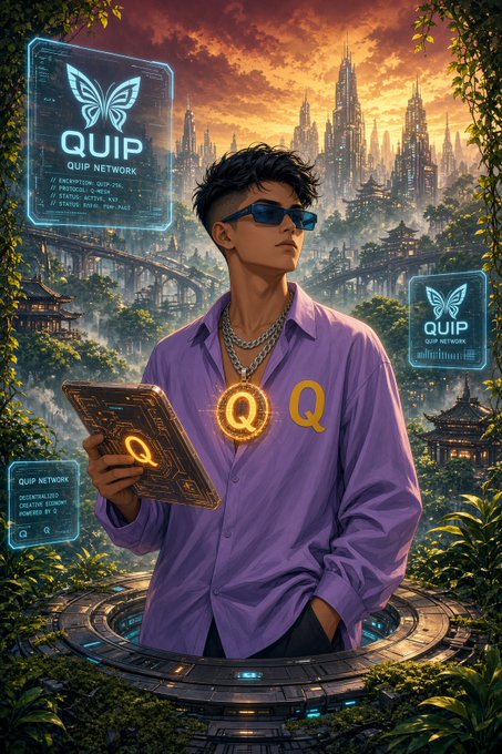 A stylized digital illustration features a young man in a purple shirt and sunglasses holding a tablet, surrounded by futuristic floating panels displaying the 'QUIP' and 'QUIP NETWORK' logo with butterfly graphics, set against a dramatic sci-fi cityscape at sunset.