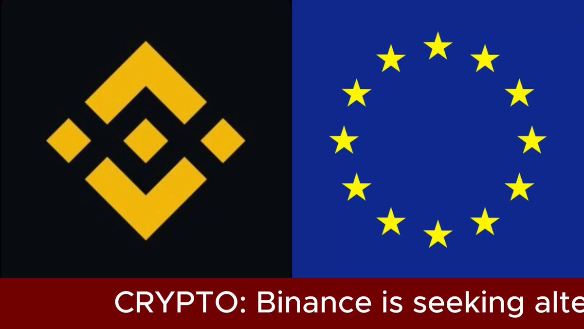 The image features a Bitcoin logo alongside an EEC (European Economic Community) flag, with the caption stating "Binance Is Pushing to Remain in Europe... @Binance is looking to maintain its European operations as its current operating permission is set to expire in exactly seven days." The Bitcoin logo represents the currency itself.