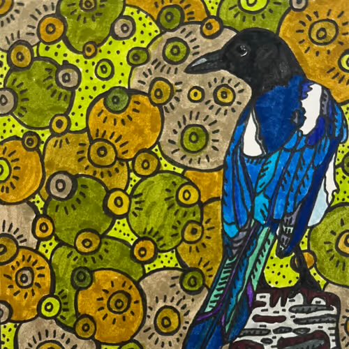 Colorful illustration of a blue and black magpie perched among abstract circular floral patterns in green, yellow, and orange.