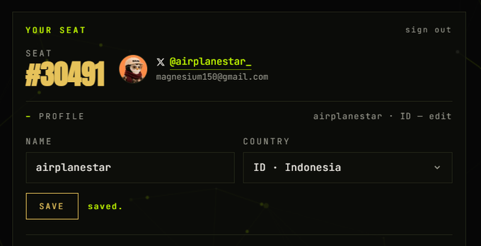 A profile settings page shows seat #30491 for user @airplanestar_ from Indonesia with the display name 'airplanestar' saved.