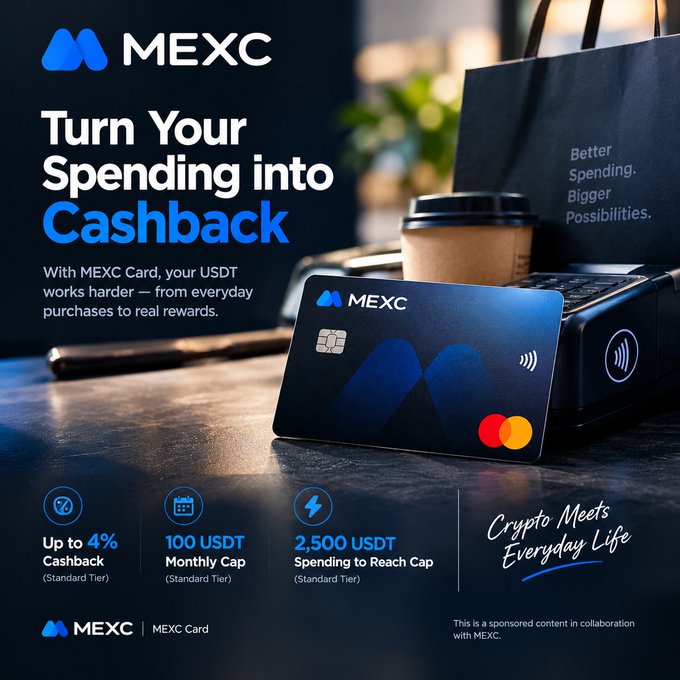 Advertisement for the MEXC Card promoting cashback rewards, stating 'Turn Your Spending into Cashback' with offers of 'Up to 4% Cashback', '100 USDT Monthly Cap', and '2,500 USDT Spending to Reach Cap', featuring a Mastercard-style card and coffee cup.