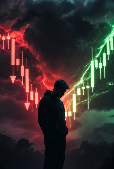 A silhouetted man stands amid a dramatic sky split between red and green, flanked by descending bearish candlesticks and ascending bullish ones—visually capturing the tug-of-war between fear and greed that defines contrarian investing. The image reinforces the message to buy when markets are drowning in red fear and sell when they soar with green greed.
