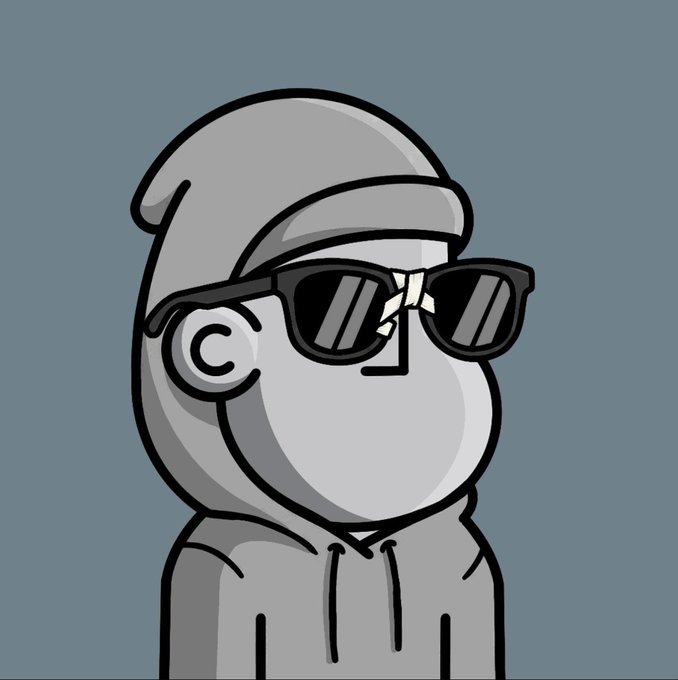 A cartoon illustration shows a faceless character wearing a gray beanie, a gray hoodie, and dark sunglasses with a cracked lens, set against a muted blue-gray background. The character embodies the "NPC" persona referenced in the post, humorously suggesting the poster is the lone supporter or secret holder behind the NPC token, leaning into a meme-style crypto culture identity.