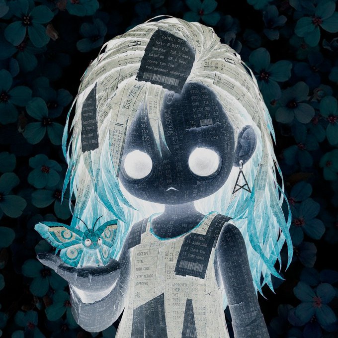 An artistic digital illustration of a character with glowing white eyes, dark face, and teal hair made of receipt-like papers, holding a teal butterfly, with receipt text including 'Gas: 0.0077 ETH' and 'maxFee 150.0 Gwei' visible.