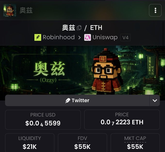 A cryptocurrency tracking page for the token '奥兹 (Ozzy)' on the Ethereum (ETH) network, showing a price of $0.045599 USD and 0.07223 ETH, with liquidity at $21K and market cap at $55K.