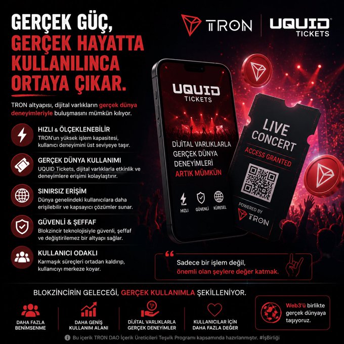 The image features a smartphone displaying an advertisement for UQUID tickets. The phone's screen shows a ticketing app that allows users to purchase tickets for live concerts or events using their smartphones. The text on the phone reads "Gercek Ghatta Kullincanınız" and "TRON Liquidity". This suggests that the app is designed to facilitate transactions related to liquid assets, such as concert tickets, through the use of blockchain technology.