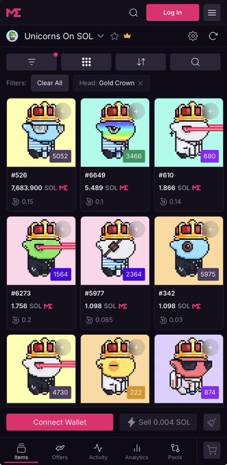 A mobile app screenshot showing a 'Unicorns On SOL' NFT collection called 'Gold Crown' with various pixel-art unicorn NFT listings priced in SOL.