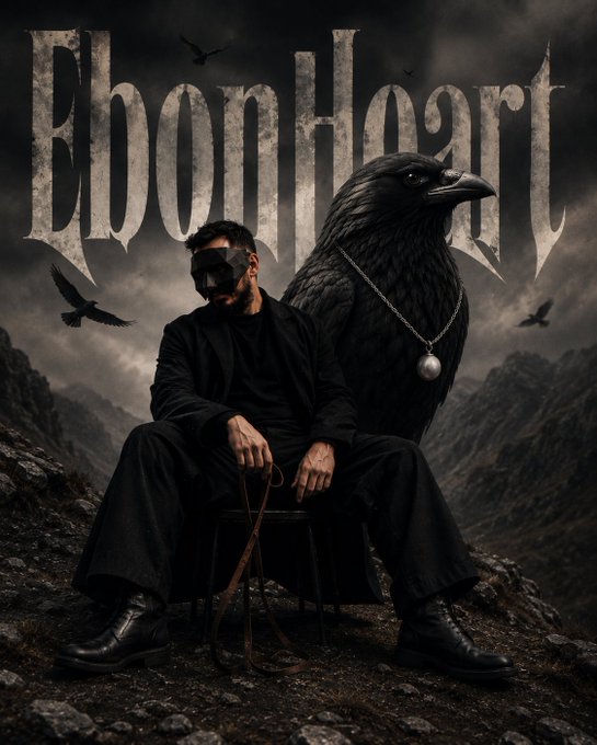 A dark, gothic-style album cover featuring a blindfolded man in black sitting next to a large raven, with 'Ebon Heart' written in stylized text above them.