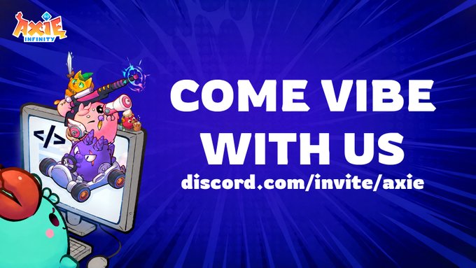 A vibrant Axie Infinity promotional graphic featuring a pink axie character riding a laptop like a skateboard with a "coding" sign against a blue radial burst background, displaying the text "COME VIBE WITH US" and the Discord invite link "discord.com/invite/axie" to encourage builders to join the Vibing channel for the Axie Vibeathon.