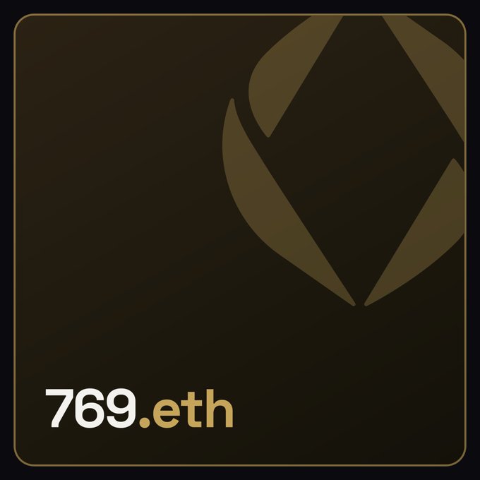 A dark square graphic with a gold border features a subtle geometric logo and the text '769.eth' at the bottom left.