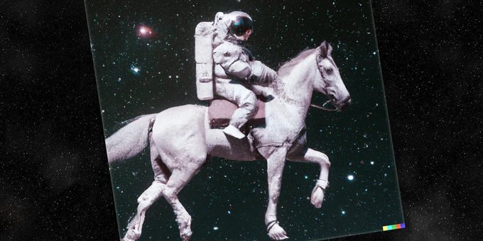 A surreal image of an astronaut riding a white horse through a starry space background, printed on a slightly curled card.