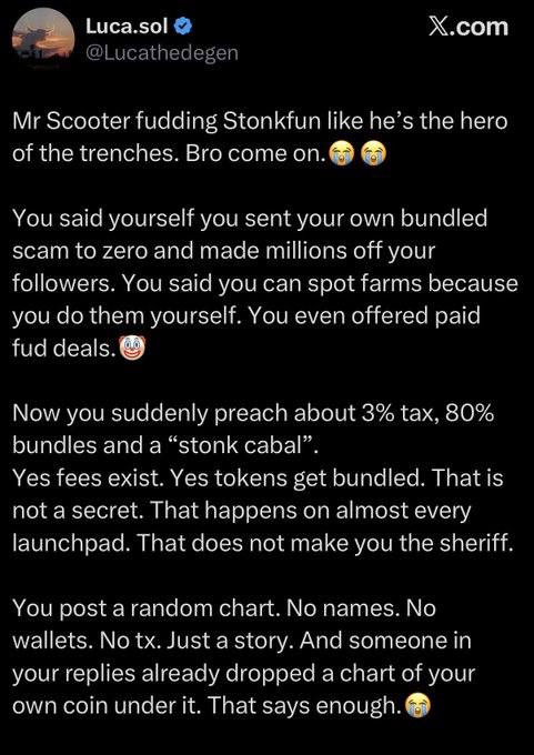 A tweet from verified user Luca.sol (@Lucathedegen) criticizing 'Mr Scooter' for allegedly scamming followers while positioning himself as a hero of the trenches, calling out hypocrisy about bundling and 'stonk cabal' fees.