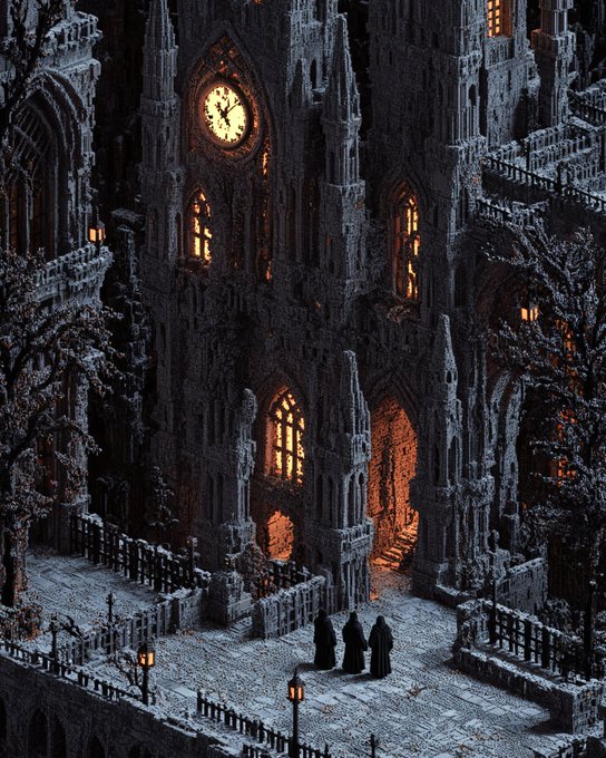 An isometric digital artwork of a gothic stone cathedral at night with glowing orange windows, a large illuminated clock face, and three hooded figures standing in the courtyard.