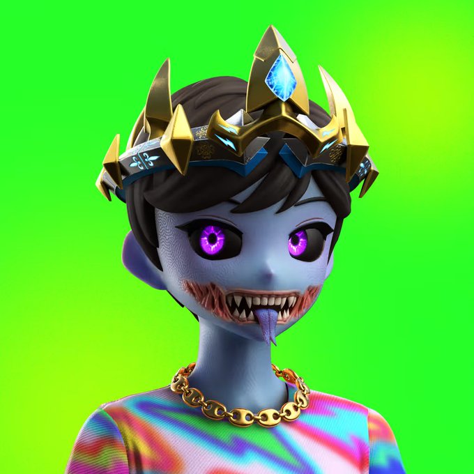 3D-rendered character with gray-blue skin, glowing purple eyes, sharp teeth, a gold crown with blue gems, gold chain, and tie-dye shirt, set against a bright green screen background.