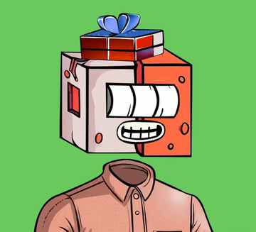 A cartoon illustration showing a person wearing a box-shaped head with a gift-wrapped hat, set against a green background.
