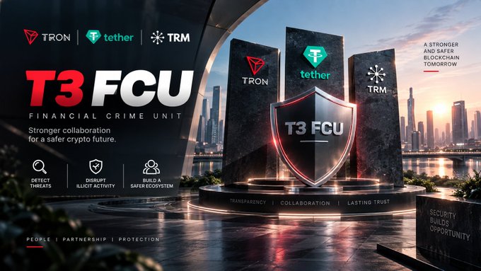 A promotional banner for "T3 FCU" (Financial Crime Unit) featuring logos for TRON, tether, and TRM, with text including "Stronger collaboration for a safer crypto future," "Detect Threats," "Disrupt Illicit Activity," and "Build a Safer Ecosystem."