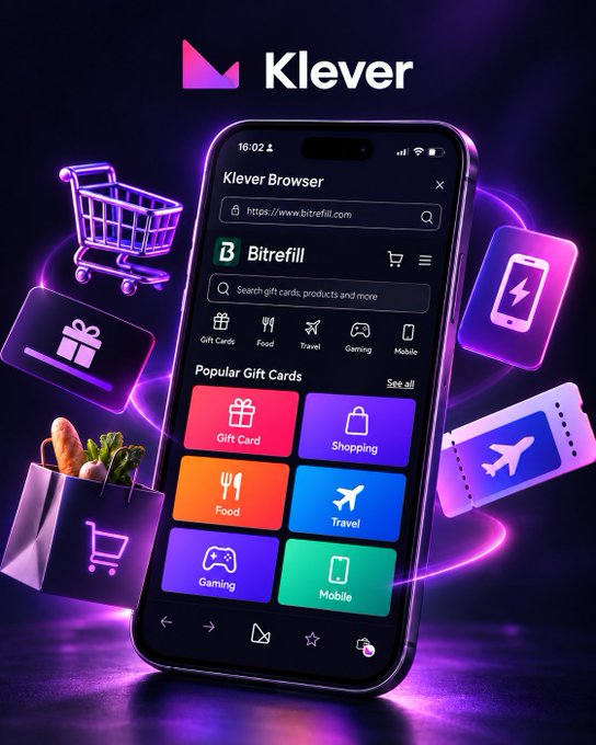 Promotional image for the Klever mobile app/browser showing a smartphone displaying gift card categories (Gift Card, Shopping, Food, Travel, Gaming, Mobile) for Bitrefill, surrounded by neon shopping cart and plane icons.