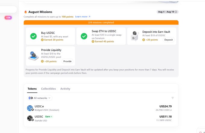 A screenshot of a crypto rewards platform showing August Missions with completed tasks (Buy USDC, Swap ETH to USDC) earning points, along with token balances for USDC.e ($24.79) and USDC ($11.18).