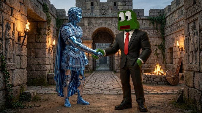A chrome-armored knight shakes hands with a green block-headed figure in a business suit inside a torch-lit stone castle courtyard, with fire and ivy-wrapped walls in the background. The surreal handshake evokes the post's playful crypto tickers ($frock / $amd) and live shout-out, blending medieval and modern aesthetics for a quirky "we're live" announcement vibe.