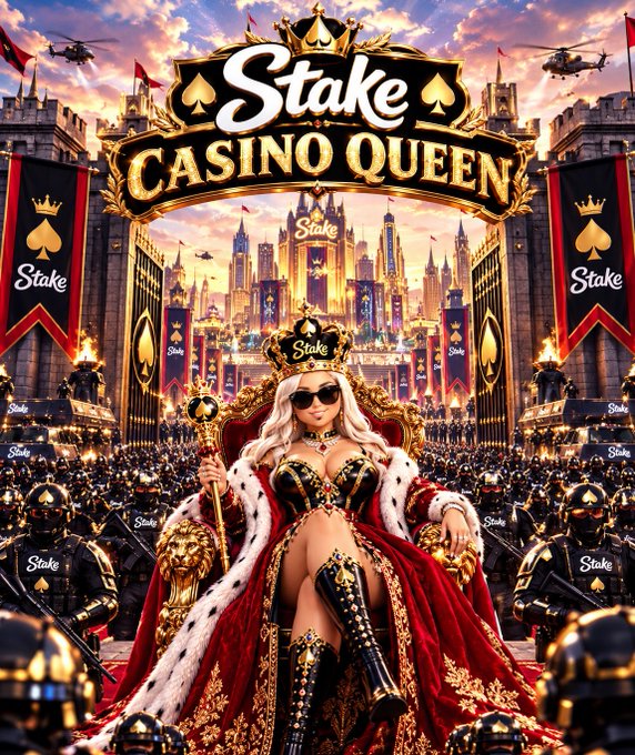 A woman dressed as a queen, wearing a crown, sunglasses, and a red royal robe, sits on a throne surrounded by armed guards and a large crowd, with a castle backdrop displaying "Stake Casino Queen" branding. The image ties to the post by visually representing the "Stake" sponsorship and the "#PPxSTAKE" partnership, while the praying context for safety contrasts with the militarized, luxurious "Casino Queen" theme.