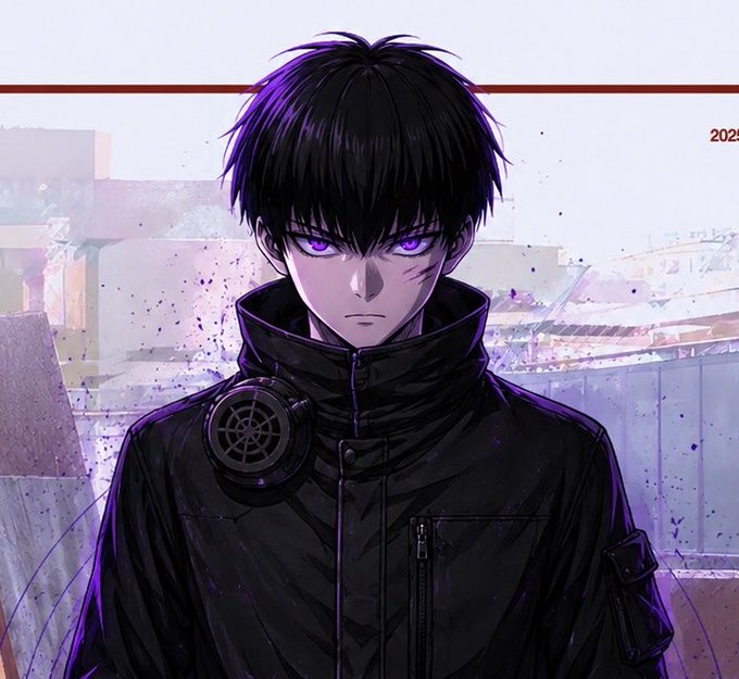 The image shows an anime-style illustration of a young man with messy black hair and striking glowing purple eyes, wearing a dark high-collared jacket with a gas mask filter attached to his shoulder, set against an industrial backdrop with the year "2024" partially visible in the upper right. The artwork's dark, edgy aesthetic with its purple color scheme aligns with the accompanying crypto giveaway post promoting a Solana ($SOL) giveaway through the Telegram channel "chadzcabal," though the image itself is a stylized character portrait that evokes a rebellious, underground vibe fitting the "chad scabal" branding used in the promotional message.