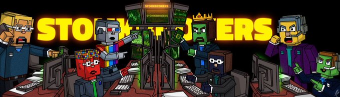 The image shows a pixel-art illustration of various characters—including a green zombie-like figure with a crown and a red block-headed character—gathered around computer monitors displaying stock tickers, with the bold yellow text "STONKBROKERS" prominently across the scene. This visual ties directly to the post's description of StonkBrokers as an NFT project where each token represents a wallet holding tokenized stocks like Tesla, Amazon, and Palantir, emphasizing the trading and brokerage theme behind the collection.