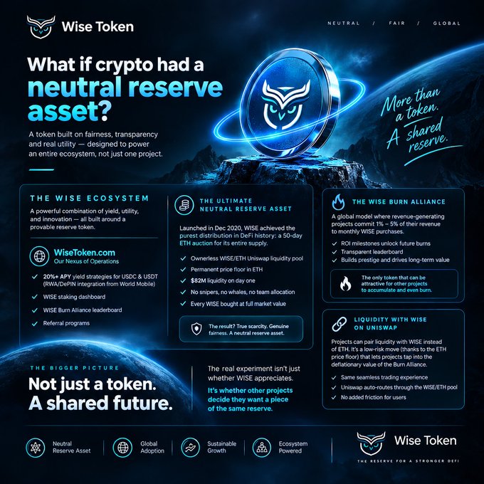 Wise Token marketing infographic asking "What if crypto had a neutral reserve asset?" detailing the WISE ecosystem, launched Dec 2020, featuring sections on yield, DeFi history, and the Wise Burn Alliance.