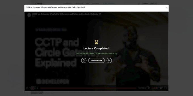 A YouTube video screen showing "Lecture Completed! You answered 10 out of 10 questions correctly." from a course episode titled "COTP vs. Gateway: What's the Difference and When to Use Each | Episode 11".