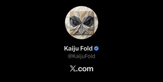 A social media profile for 'Kaiju Fold' (@KaijuFold) featuring a geometric origami-style monster face avatar, with the text 'X.com' displayed below.