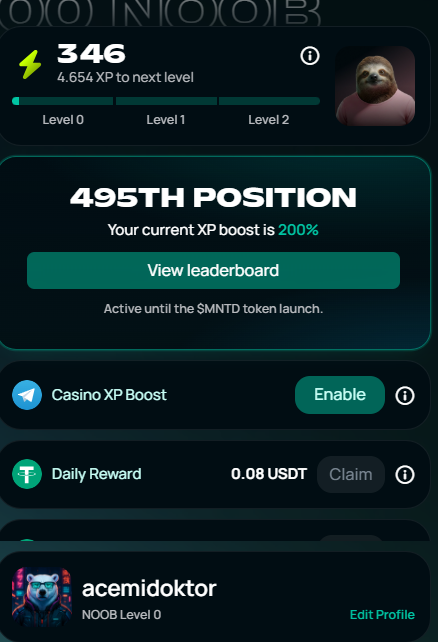 A screenshot of a dark-themed app interface for "NOOB" showing a user profile for "acemidoktor," 346 XP, a "495TH POSITION" leaderboard rank with a 200% boost, and a Daily Reward of 0.08 USDT.