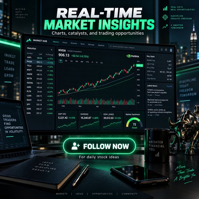 An advertisement graphic titled 'REAL-TIME MARKET INSIGHTS' featuring a stock market dashboard displaying a chart for 'NVDA' (NVIDIA Corporation) priced at 906.13.