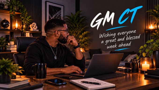 A graphic with the text "GM CT Wishing everyone a great and blessed week ahead" showing a man in glasses smiling while looking at a laptop in a cozy room.