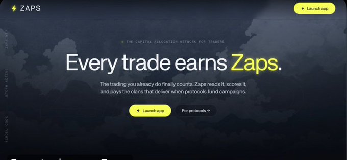 A promotional banner for 'ZAPS', described as 'THE CAPITAL ALLOCATION NETWORK FOR TRADERS', with the headline 'Every trade earns Zaps.' and a 'Launch app' button.