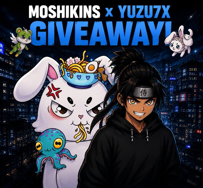 A vibrant promotional graphic for a "MOSHIKINS x YUZU7X GIVEAWAY!" featuring an anime-style character with a headband alongside a cartoon white rabbit balancing a noodle bowl, set against a neon-lit city skyline, with smaller Moshikins creatures in the corners—perfectly matching the free mint giveaway announcement for the new NFT collection.