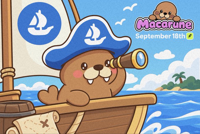 A cute cartoon walrus pirate wearing a blue tricorn hat with a sailboat logo peers through a brass telescope from a wooden ship at sea. The image features "Macarune" branding with a small seal mascot and the text "September 18th," promoting the NFT collection's GTD minting launch on OpenSea as mentioned in the accompanying post.