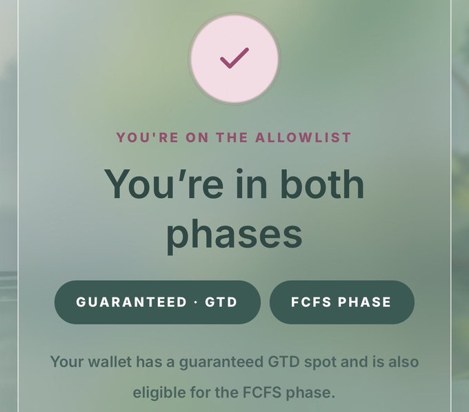 A notification card stating 'YOU'RE ON THE ALLOWLIST' and 'You're in both phases,' with buttons for 'GUARANTEED · GTD' and 'FCFS PHASE,' explaining a wallet's eligibility.