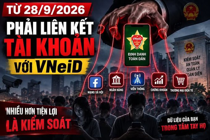 The image is a Vietnamese propaganda-style graphic announcing that starting **September 28, 2026**, citizens must link all their accounts—including **Facebook (social networks), banks, telecommunications, stocks, and e-commerce**—to the **VNeID national digital identity system** operated under government supervision ("Kiểm Soát An Toàn Quản Lý Dân Điện"). It features ominous imagery of a hand pulling puppet strings, warning that "your data is in their hands" and offering "more convenience" in exchange for "control."

The accompanying post frames this as the Vietnamese government expanding surveillance to control citizens' personal and financial information—mirroring tactics used in Xinjiang—suggesting that even private social connections and assets would no longer remain outside state reach.