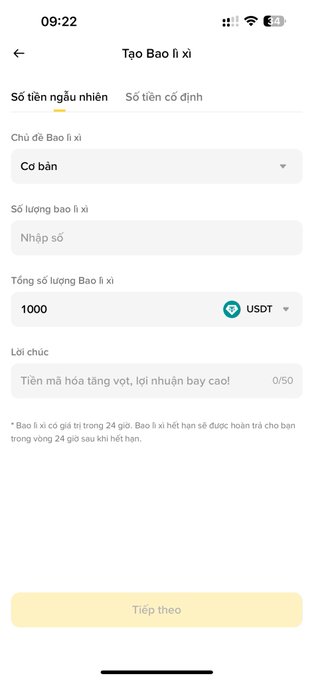 A Vietnamese mobile app interface titled 'Tạo Bao fi xi' for creating fixed price gift packages, showing fields for quantity and total amount of 1000 USDT.