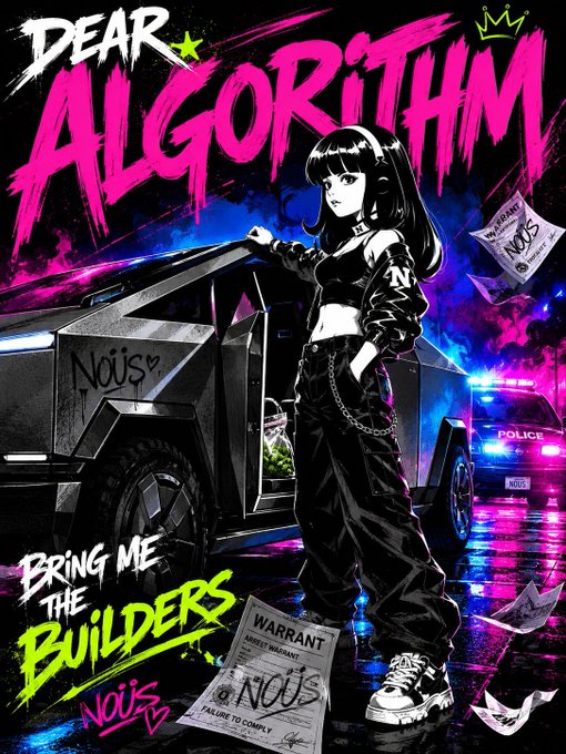 A vibrant cyberpunk-style poster with the text 'DEAR ALGORITHM' and 'BRING ME THE BUILDERS' by NOUS, featuring an anime girl in streetwear standing next to a futuristic truck with police cars in the background.